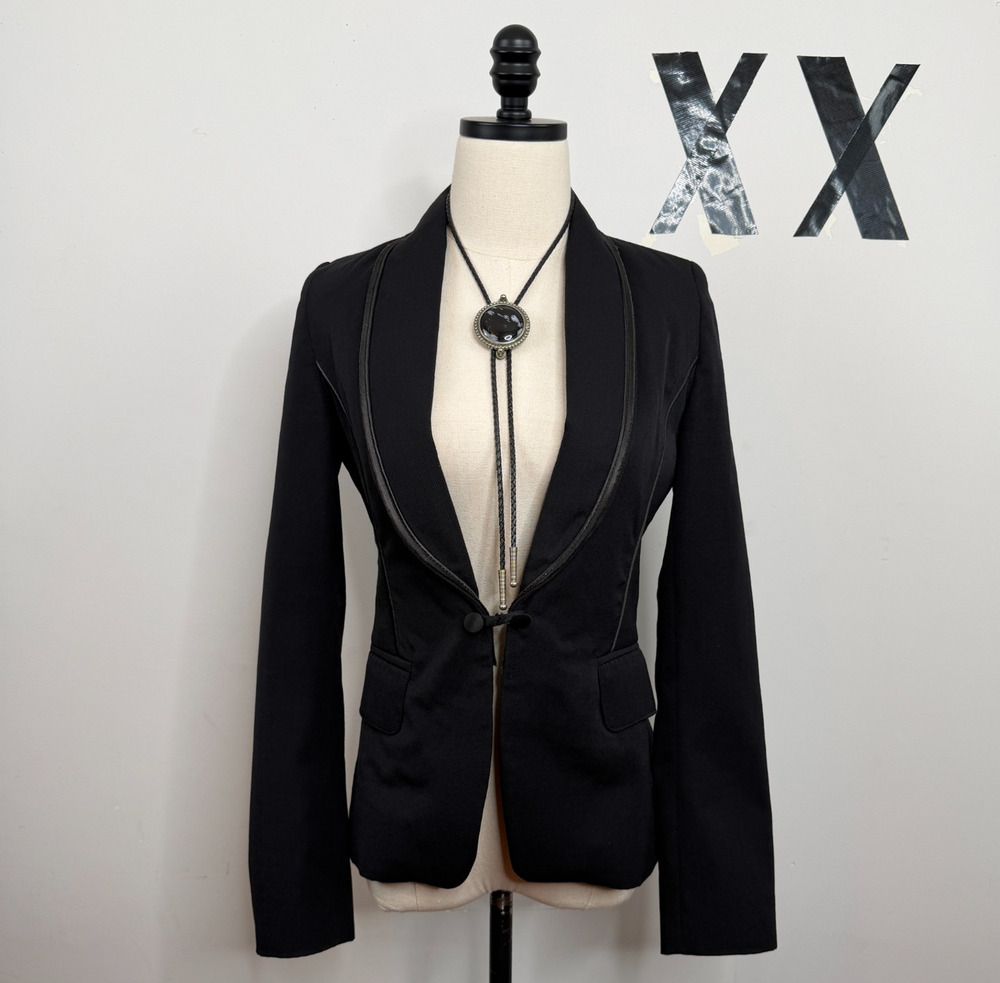 Philippe Dubuc Black Wool Crepe Satin Piping Frog Clasp Tailored Blazer XS